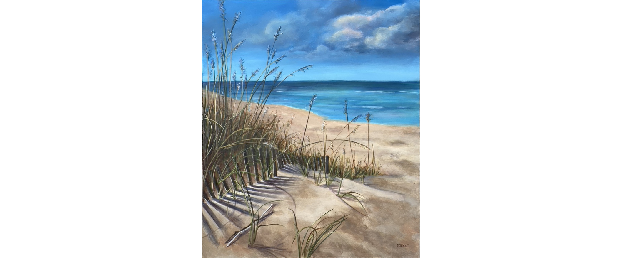 Beach scene on a very bright, sunny blue-sky day. There is soft clouds in the sky. In the foreground to the left, there is a sand fence that has some tall grasses behind it.