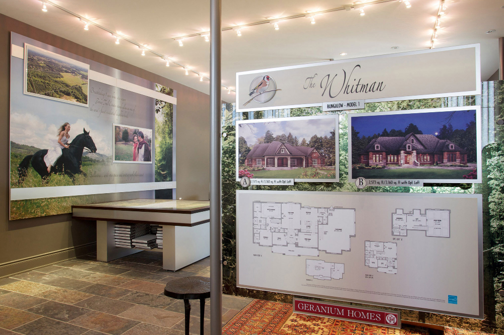 Sales displays in a sales centre for new homes.