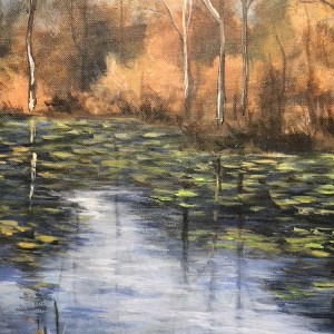 Orange coloured fall trees sit behind a river with hundreds of lilypads on it.