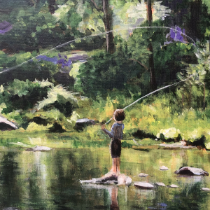 Boy standing on a rock in the middle of a lake fly fishing.