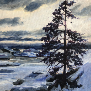 Winter sunset on Sawpit Bay, Lake Superior. A single tree is silhouetted against a coast with ice and snow.