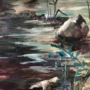 Study using turquoise, magenta and burnt umber of a bit of shoreline near Glen Morris, Ontario