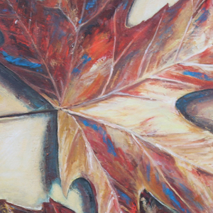 Three colourful abstract maple leaves on a beige background
