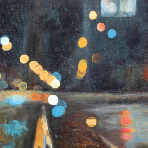 Low-level perspective view of a street car rail. There are bokeh lights of oranges, peach and turquoise converging to the centre of the painting. The street is speckled with oranges, browns and turquoise.