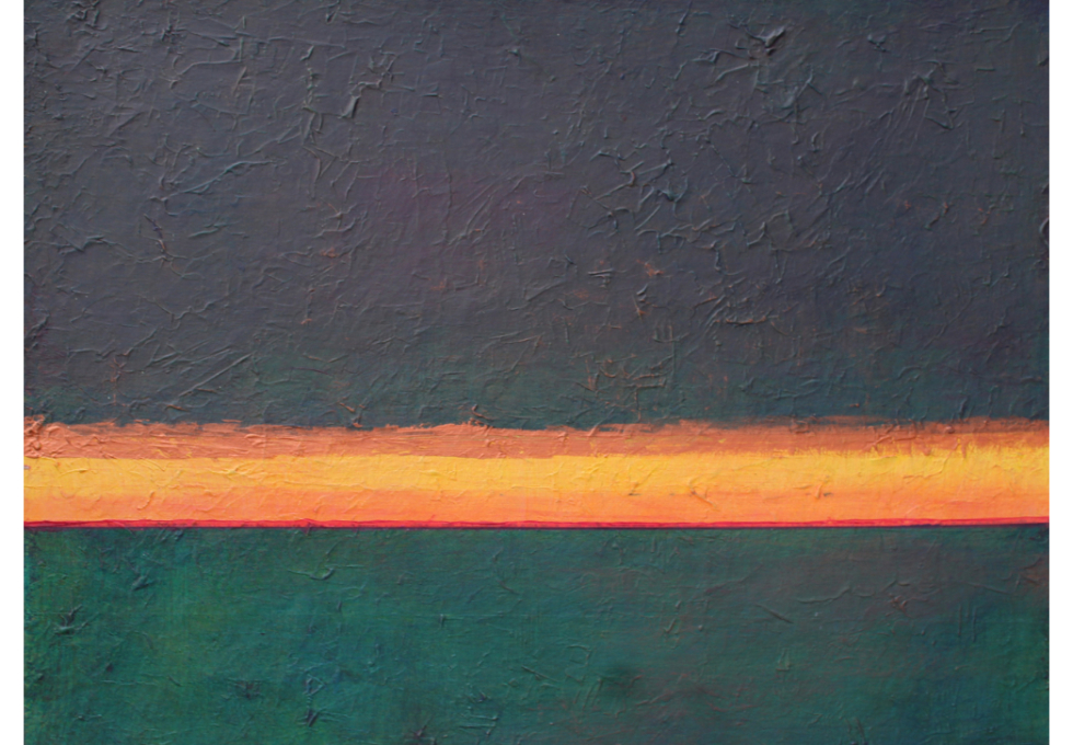 Textured abstract with pink tones on top of greens and blues. There is a horizontal stripe in the middle that has a layer of orange, then gold, then pinkish orange and a thin bright layer of magenta. The stripe is about one third of the way down the image.