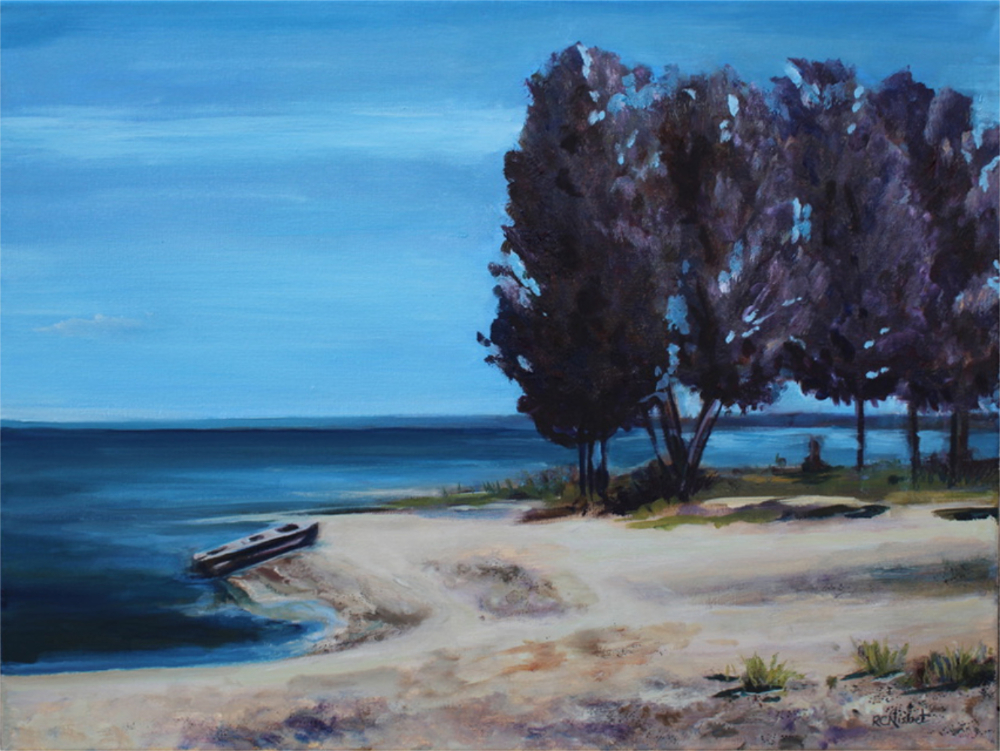 Bright blue, summer painting of a shoreline with a stand of dark-purpleish blue trees on the right. There is a small row boat pulled up onto the shore on the left.
