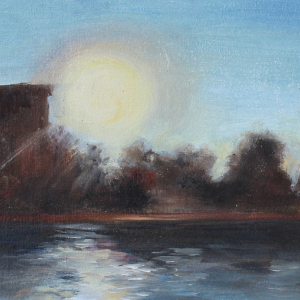 This is a loose painting of the canal, late on a summer day, as we walked along the edge of the canal, the sun left sweet silhouettes of the buildings and trees on the other side.
