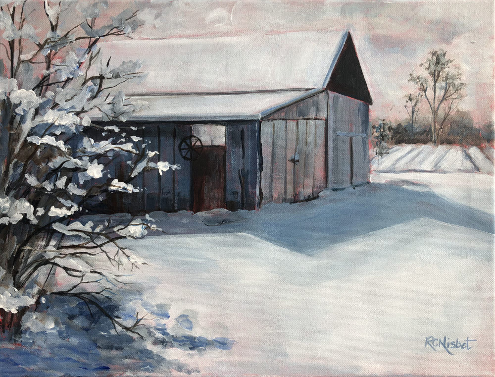 Wiinter scene of a large shed. There are fields in the background and a tree in the right foreground. The colours are soft-blue grey with undertones of pink