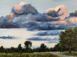 Evening sky painting, described by large pink and purple fluffy clouds above a field with a white fence.