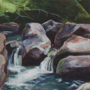 Small waterfalls, painted in vibrant hues of purple, turqoise and pink.